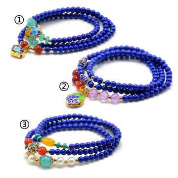 原創設計藍礦石三圈手鏈隔景泰藍天河石粉晶瑪瑙貝殼珠手串女首飾