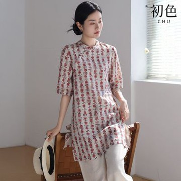 初色 新中式圓領短袖印花開衩中長款襯衫上衣女上衣-花色-13737(M-2XL可選)