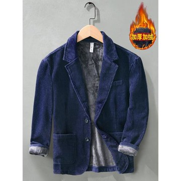 秋冬小西服男士加絨加厚日系復古純棉燈芯絨休閑便單西裝外套保暖