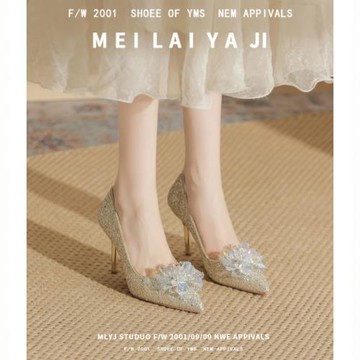 意美絲水晶花朵大碼婚鞋女金色亮片絕美訂婚高跟鞋細跟婚紗新娘鞋