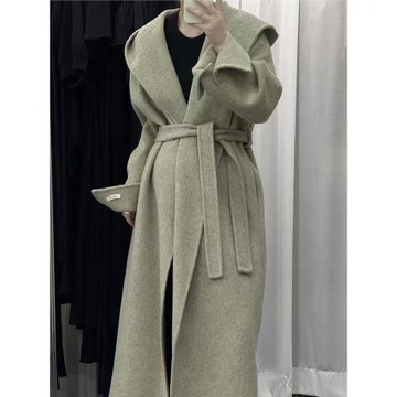 輕奢桑蠶絲兔絨高貨羊毛大衣連帽新款加長款寬松韓系羊絨女外套