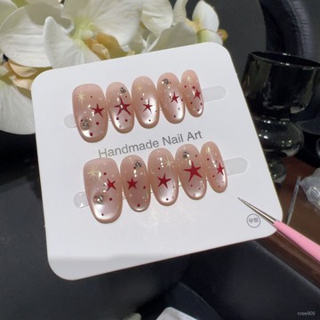 ➕最新設計款穿戴甲💅【許願星】小清新簡約少女貓眼星星手工穿戴甲顯白純慾貓眼百搭短橢圓穿戴甲 0EC3