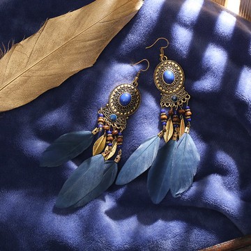 爆款飾品橢圓長款復古羽毛耳環流蘇耳飾創意民族風