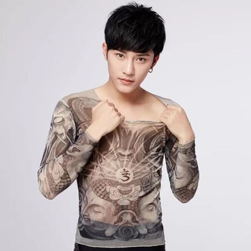 紋身衣服男夏社會緊身印花T恤 情侶3D刺青關公背心女長袖花臂龍潮