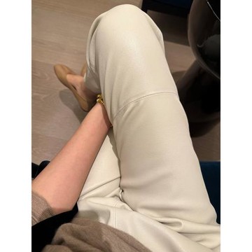 2025年秋冬梨形直筒微胖顯瘦美式復古卡其色皮褲新款松緊帶長褲女