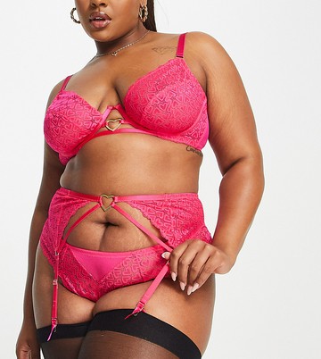 ASOS DESIGN Curve Hallie heart lace suspender belt with hardware in pink