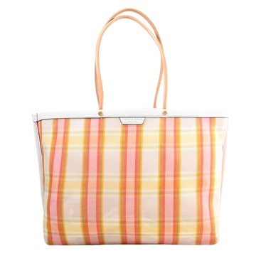 TORY BURCH 146146 燙金LOGO撞色格紋肩背托特包.白邊