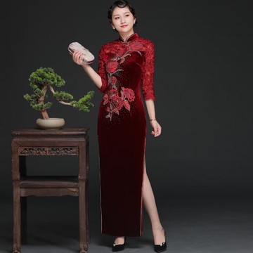 旗袍走秀高端長款 七分袖中長袖蕾絲繡花紅色婚宴媽媽婆婆禮服裙