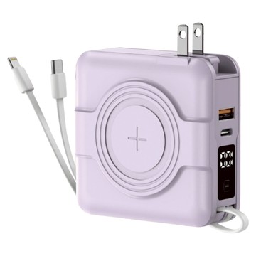 ASPOR 20W四孔輸出 MagSafe無線充電+PD快充五合一+自帶線行動電源 A338 6000mAh  紫色