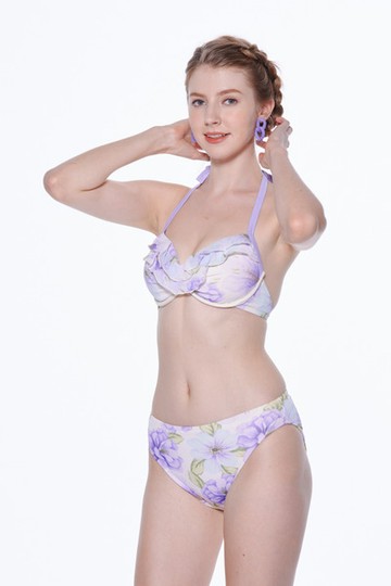 【名人泳裝】粉紫花卉沙龍裙三件式鋼圈比基尼