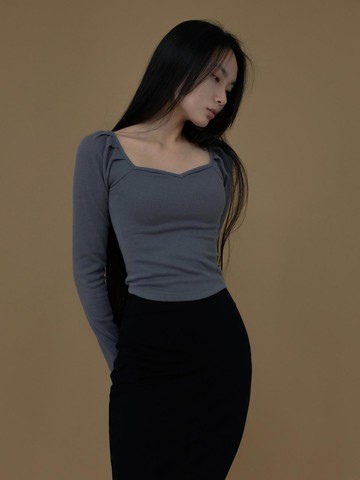 Heart Neck Corduroy Long Sleeve (Charcoal)