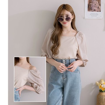 【買2送1】HS 細格紋泡泡袖上衣 卡其色