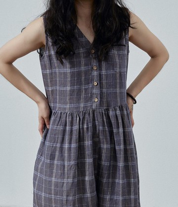 復古格子連體褲 | 色織亞麻無袖透氣設計 | 夏季修身闊腿連身褲
