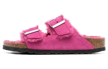 BIRKENSTOCK ARIZONA SHEARLING SUEDE LEATHER NARROW FIT SANDALS FUCHSIA TULIP