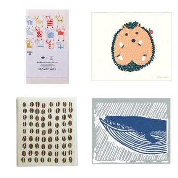 超吸水環保海綿家事布(德國製30.4*25.7cm)-4入組｜彩色貓咪｜鯨魚｜刺蝟｜咖啡豆