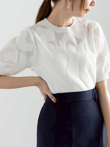 微透膚羅紋提花設計短袖針織衫(0F000868410) - Te chichi