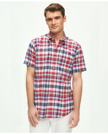Brooks Brothers Men's Washed Cotton Madras Short Sleeve Button-Down Collar Sport Shirt | White | Size Medium