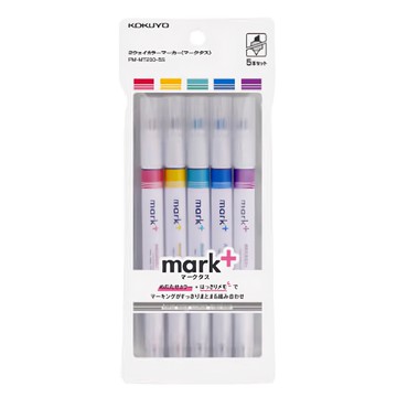 KOKUYO Mark+同色系螢光筆 Set 5支 一筆雙用 粗細雙頭 日本製  藍色 + 綠色 + 粉色 + 紫色 + 黃色  1盒