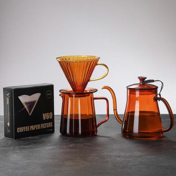 玻璃美式手沖咖啡壺套裝分享壺琥珀色V60濾杯漏斗杯長嘴壺 過濾器