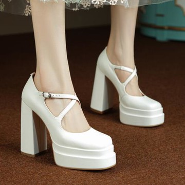 復古超高跟淺口單鞋女2025春秋真皮厚底交叉帶圓頭粗跟氣質高跟鞋