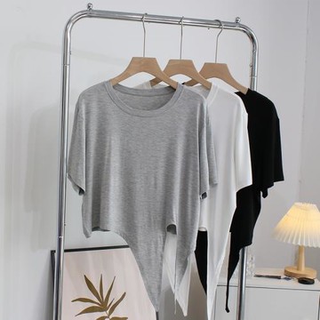 休閑打結T恤女夏韓版新款短袖百搭寬松純色不規則莫代爾純色上衣