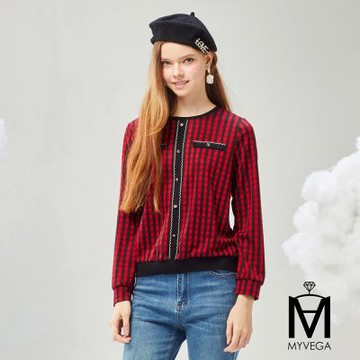 MYVEGA麥雪爾 MA經典立體花釦格紋上衣-紅