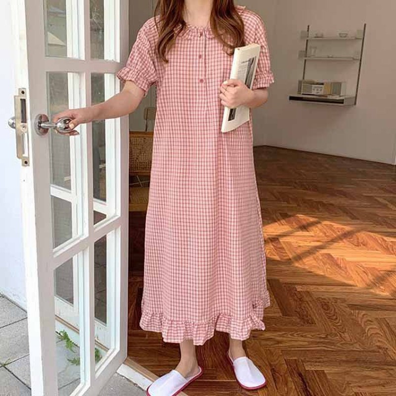 ワンピース ルームウェア ギンガムチェック柄 半袖 フリル コットン 綿 レディース パジャマ 寝巻 ねまき ネグリジェ 部屋着 ホームウェア ゆったり リラックス 通販 Lineポイント最大0 5 Get Lineショッピング