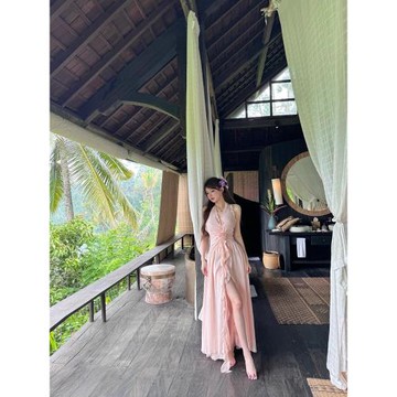 三亞泰國旅游掛脖式裙海邊度假連衣裙性感深V露背長裙沙灘裙女夏