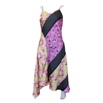 EVA桃色印花拼接細肩帶洋裝