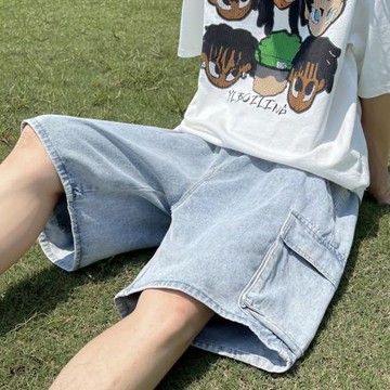牛仔短褲男夏季潮牌百搭寬松休閑oversize多口袋工裝闊腿五分中褲