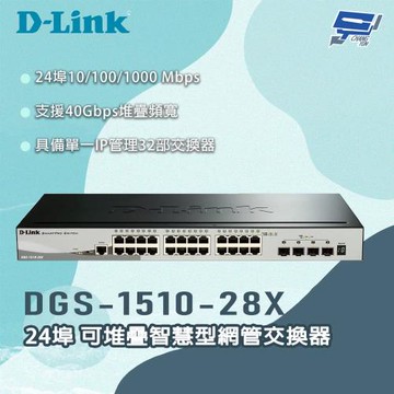 昌運監視器 D-LINK 友訊 DGS-1510-28X 24埠 可堆疊智慧型網管交換器