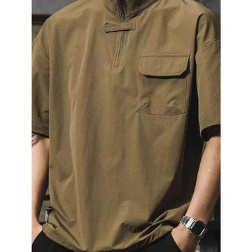 出口外貿~專柜好貨復古男士短袖t恤設計感小眾冰絲polo衫工裝襯衫