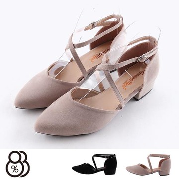 【88%】跟鞋-MIT台灣製 絨面 純色質感 交叉鞋面 尖包頭 低跟涼鞋 包頭涼鞋
