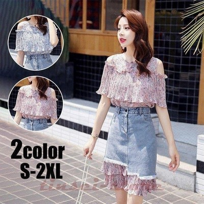 セットアップ レディース 40代 夏 シャツ セットアップ 通勤 デニム スカート 肩出し トップス シフォン セットアップ フレア袖 30代 オシャレ 韓国風 着痩せ 通販 Lineポイント最大get Lineショッピング