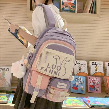 書包女初中生三到六年級可愛刺繡兔子背包高中生大學生拼色雙肩包