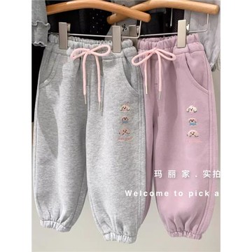 小朋友的衛褲!厚面料 秋冬新款刺繡小狗女童一體絨束腳休閑運動褲