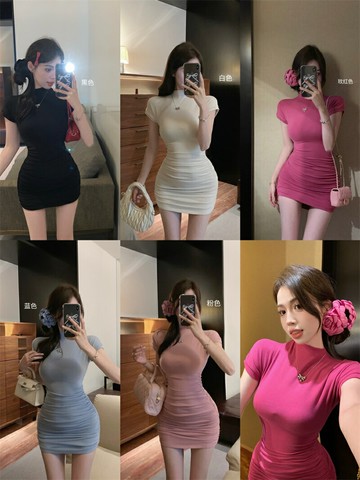 褶皺緊身短袖T恤連衣裙女夏季黑色包臀裙收腰裙子辣妹顯身材短裙
