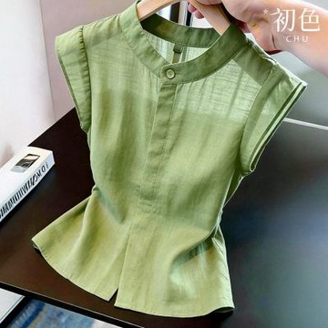 初色 簡約通勤風純色鈕扣立領薄透無袖百搭襯衫上衣女上衣-共2色-52242(M-XL可選)