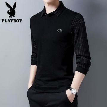 春秋長袖t恤男襯衫領假兩件寬松帥氣純棉體恤加絨打底衫