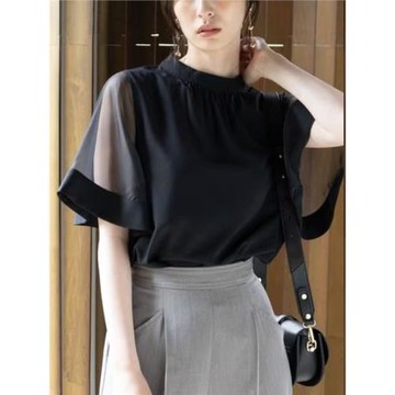 日單原單2023年夏季新款薄款洋氣氣質百搭圓領網紗拼接短袖襯衫女