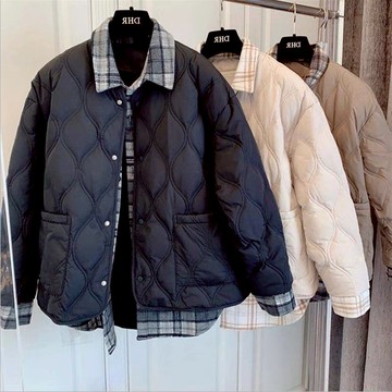 外套 INS韓系格子假兩件棉服外套夾克保暖短版外套女生冬天鋪棉外套大碼女裝 20949