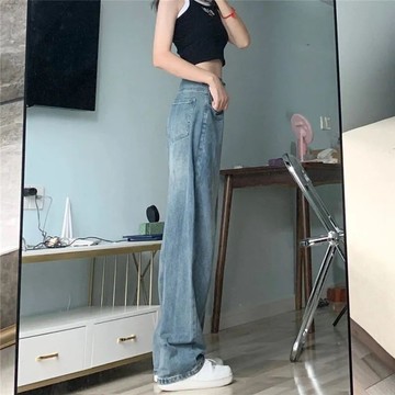 大碼牛仔褲 高腰闊腿牛仔褲女春季新款大碼胖妹妹寬鬆顯瘦拖地褲梨形身材長褲
