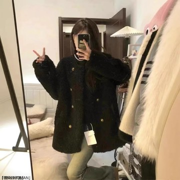 高級感黑色羊羔絨外套女秋冬加厚雙排扣圓領夾棉毛毛大衣