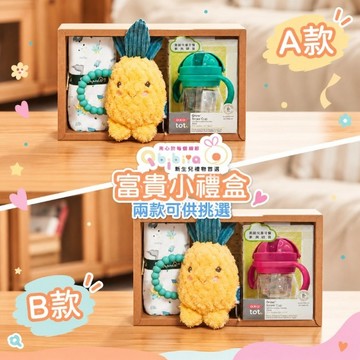 🎁客製刺繡【Qbibiya新生兒禮物】輕系列-富貴小禮盒多款-握吸管水杯+鳳梨手搖鈴+純棉萬用紗布巾(馬年/新生禮/新生賀禮/嬰兒禮/滿月禮/彌月禮/生日禮)
