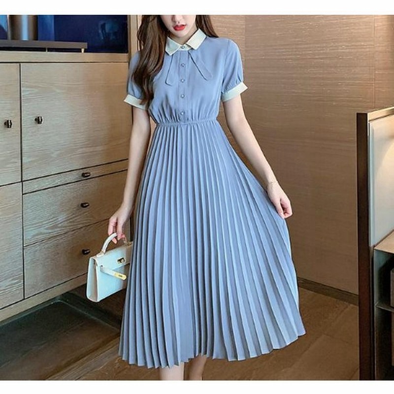 ワンピース レディース 春 夏 カジュアル 新作 春服 春コーデ 襟付き 半袖 ネックタイ プリーツ切り替え ワッシャー ロング丈 大人可愛い シンプル 着やせ 通販 Lineポイント最大0 5 Get Lineショッピング