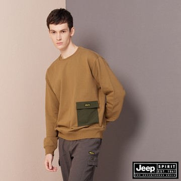 JEEP 男裝 率性尼龍拼接口袋大學T-卡其色