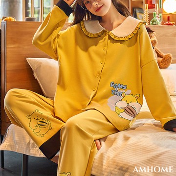 【Amhome】新款睡衣可愛少女印花滿版開衫翻領棉長袖家居服兩件式套裝 # 114543(現貨+預購)