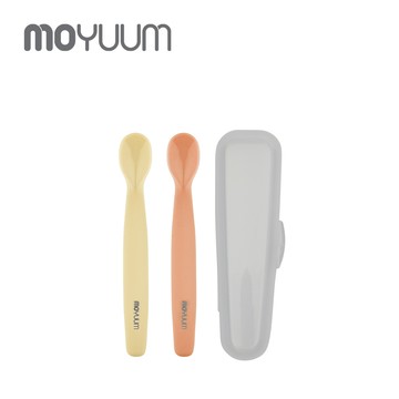 韓國 MOYUUM - 白金矽膠兒童湯匙2入組-奶黃/豆沙紅色
