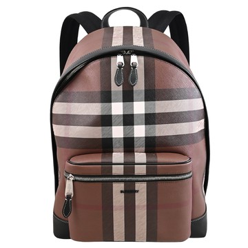 BURBERRY 8051414 Check 經典格紋塗層皮革後背包.咖/黑