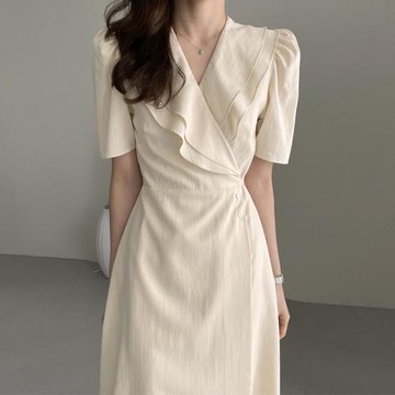 韓國chic法式復古雙層領斜扣收腰顯瘦中長款一片式泡泡袖連衣裙女